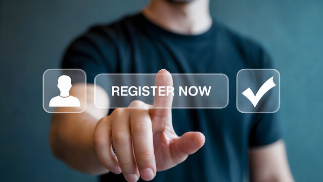 Man's finger presses 'Register Now' button on virtual interface for seamless online sign-up