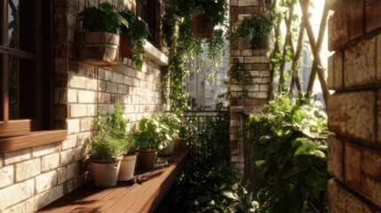 Fototapeta premium Urban balcony with plants and brick, city backdrop with light filtering through architecture