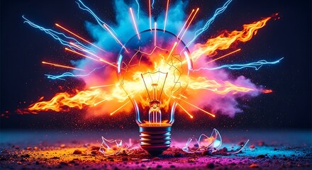 Exploding light bulb radiating vibrant fire and lightning, with shattered glass fragments on a dynamic colorful ground.