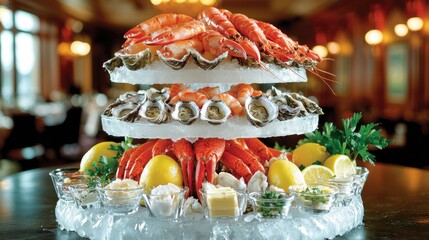 Seafood tasting menu elegantly presented on multi-tiered ice tower with fresh oysters, lobster tails, shrimp and assorted condiments in upscale restaurant