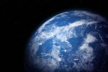 Amazing blue planet Earth with world ocean and clouds in outer space on a starry sky. Alien...