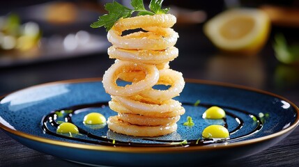 Gourmet calamari rings elegantly stacked in tower formation on blue ceramic plate with gold rim, dark balsamic reduction drizzle and bright lime gel dots