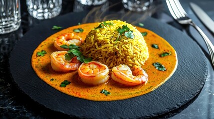 Premium seafood curry featuring caramelized scallops and shrimp artistically plated with fragrant rice in rich curry sauce at upscale restaurant