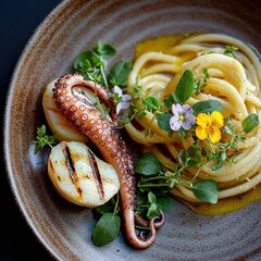 Black truffle seafood featuring grilled octopus tentacle with golden tagliatelle pasta on artisanal ceramic plate, garnished with fresh herbs and colorful edible flowers