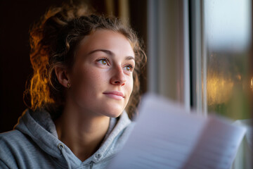 teenager looking out of the window at dawn with exam notes in hand, hopeful yet anxious expression, symbolic concept of CSAT countdown, 