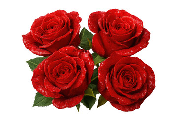 Obraz premium Four wet red roses with green leaves symbolize love, passion, and romance, isolated with clipping path on transparent background