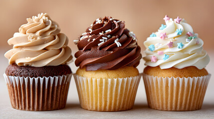 Three delicious cupcakes with various frosting styles, showcasing rich textures and vibrant colors, perfect for dessert lovers and culinary enthusiasts. Selective focus