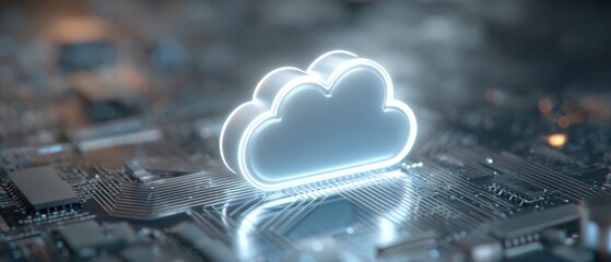 The glowing cloud icon on a digital circuit board background.