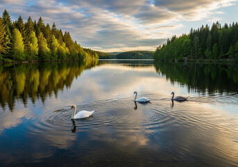 Serene lake with swans and forest reflections at sunset