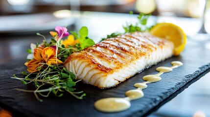Premium branzino filet with golden crispy skin being drizzled with sauce on dark slate presentation