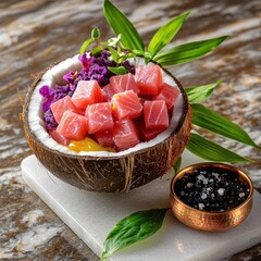 Premium ahi poke bowl served in coconut shell with fresh tuna cubes and tropical garnish on marble surface