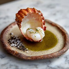 Langoustine plate luxury restaurant dish showcasing fresh shellfish claw with delicate meat on rustic ceramic plate with olive oil drizzle