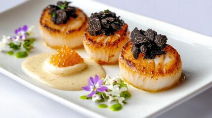 Black truffle seafood featuring perfectly seared scallops topped with black caviar and shaved truffles on white plate