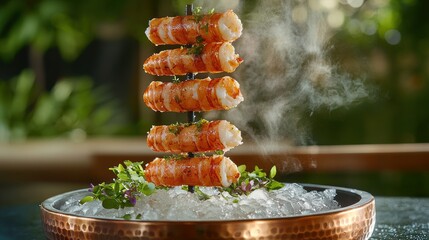Langoustine plate featuring perfectly grilled seafood arranged in vertical tower on crushed ice in hammered copper bowl with steam rising and fresh herb garnish