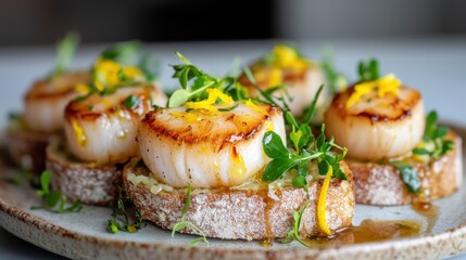Seafood bruschetta featuring golden caramelized scallops atop rustic bread with fresh herbs and lemon garnish
