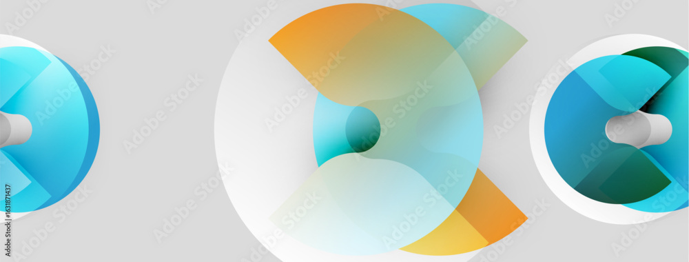 Poster abstract circular designs. overlapping shapes create dynamic visual effect. colors include blue, ora