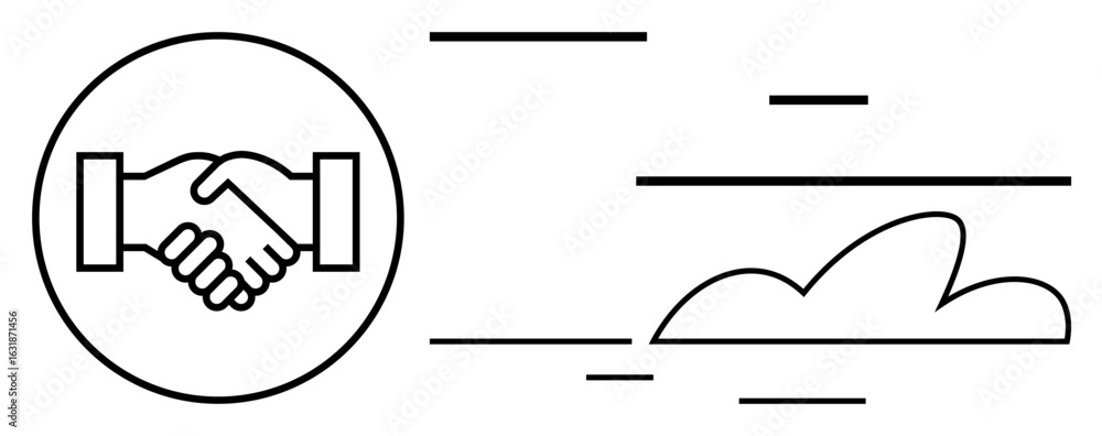 Poster handshake enclosed in a circular frame, representing partnership or agreement. minimalistic linear c