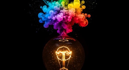Vibrant explosion of rainbow colored smoke bursting from a glowing traditional light bulb on a striking dark black background symbolizing creative ideas