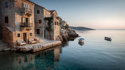 Picturesque coastal village with stone buildings and boats on tranquil waters