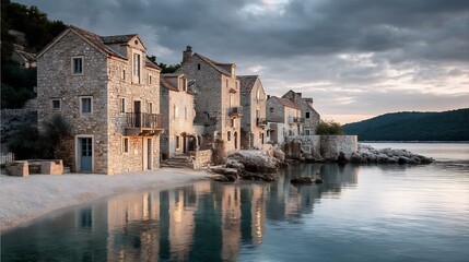 Picturesque coastal village scene with stone houses and calm water reflections