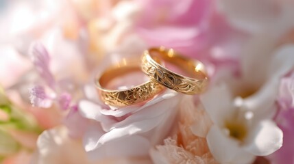 The Beautiful Gold Wedding Rings Nestled Among Soft Pink Flowers.