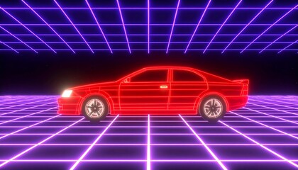 Neon Red Car on a Purple Grid, a Retro Style Synthwave Background Illustration