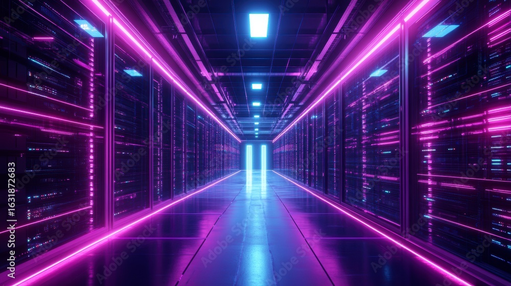 Poster neon-lit server room corridor with rows of data storage racks.