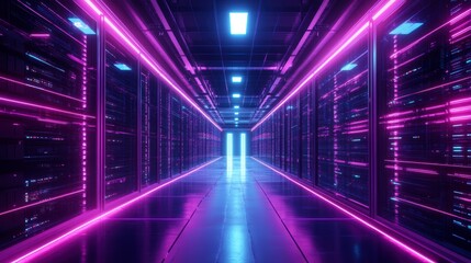 Obraz premium Neon-lit server room corridor with rows of data storage racks.