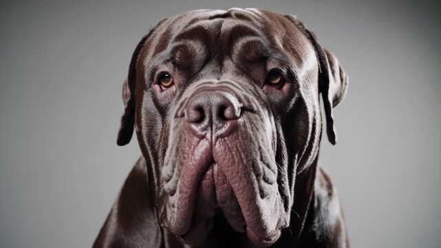 Mastiff dog close-up portrait. Big head and droopy eyes. Large pet with wrinkled face. Strong dog breed in studio. Mastiff dog looking calmly. Big animal, mastiff pet, strong breed, portrait