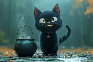 Spooky 3D black cat with a crooked smile standing beside a bubbling cauldron 