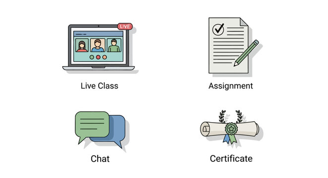 E-learning and online education icon set with live class, assignment, chat, and certificate symbols.