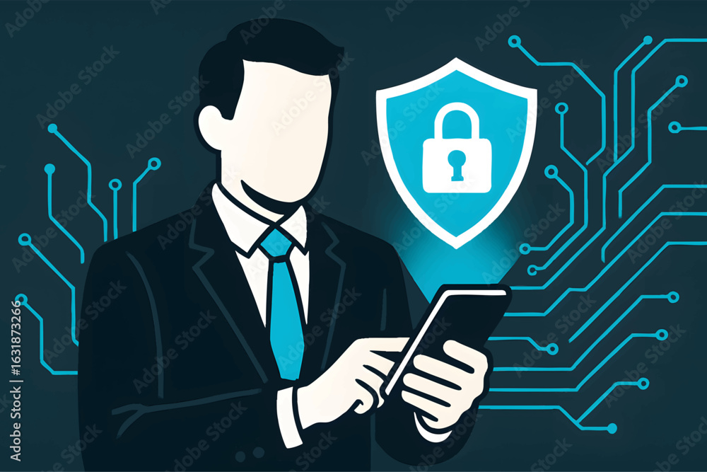 Poster professional businessman uses digital device for cybersecurity protection with glowing shield and ci