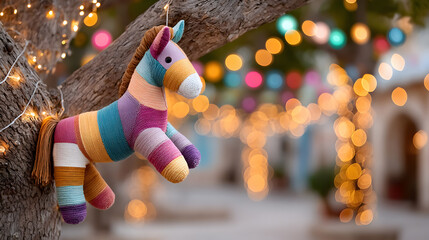 Colorful striped plush toy horse hanging on a tree branch, surrounded by soft glowing lights creating a whimsical atmosphere for children. Selective focus
