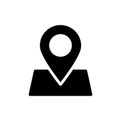 Black filled icon of location pin on photo for geotagging and travel memories