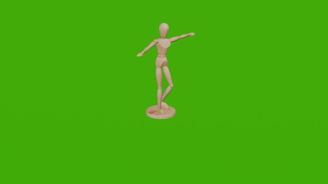 Wooden artist mannequin standing in T-pose, realistic style, isolated on green background. Concept of pose reference and design mockup tool