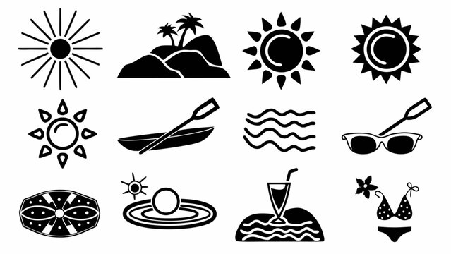 Collection of summer themed icons including sun, island, waves, boat, drink, sunglasses and swimwear isolated silhouette