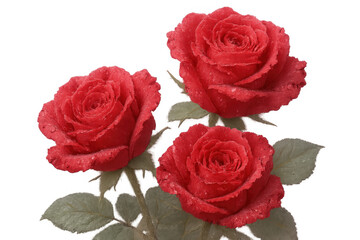 Vibrant red roses blooming, glistening with water droplets, suspended against transparent backdrop