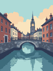 Fototapeta premium Eccles – Bridgewater Canal basin and town hall clock in canal blue, clock gold, brick gray, and dawn peach