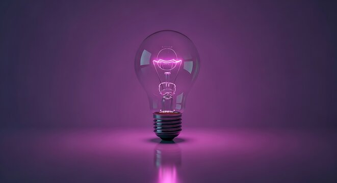 Clear glass light bulb with an abstract glowing pink spiral filament standing on a reflective dark purple surface against a subtle matching gradient background