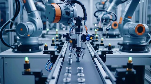 Advanced robotic arms precisely assemble components on a high-tech automated production line in a modern factory.