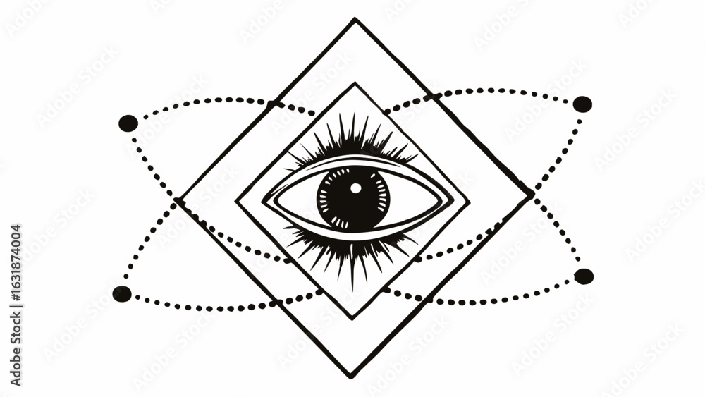 Poster vector eye in square frame with orbiting dots creates mystical and intriguing design
