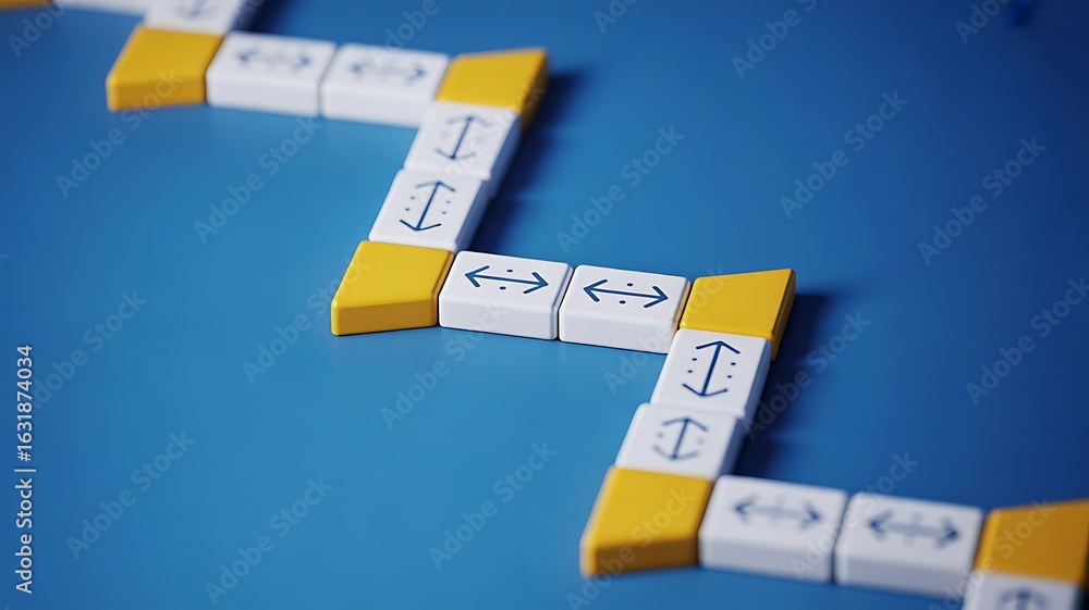 Poster yellow and white blocks with arrows form a zig zag pattern on blue image