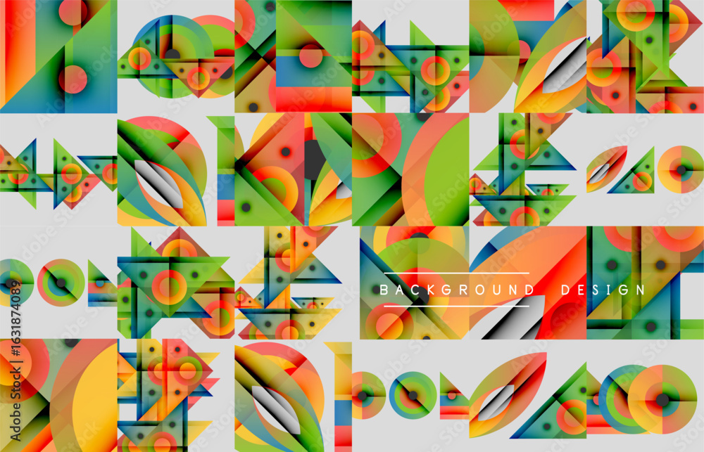 Poster abstract geometric patterns, vibrant colors, modern design elements. repeating shapes create dynamic