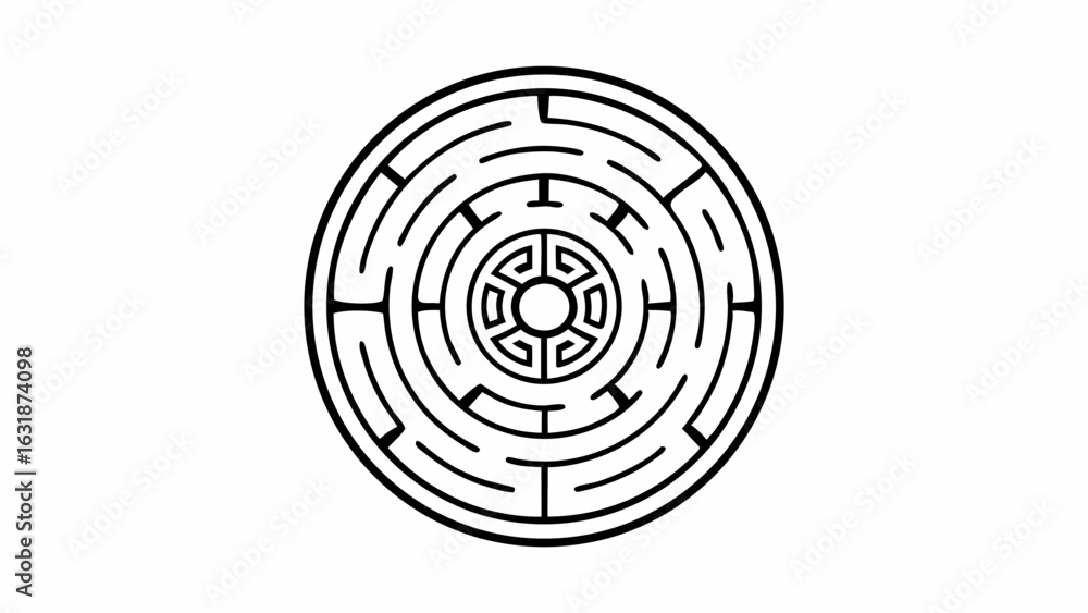 Poster vector circular labyrinth design featuring intricate monoline patterns, inviting exploration