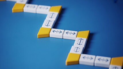 Yellow and white blocks with arrows form a zig zag pattern on blue image