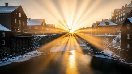Scenic winter townscape bathed in golden sunrise light over an arched bridge serene reflection - Powered by Adobe