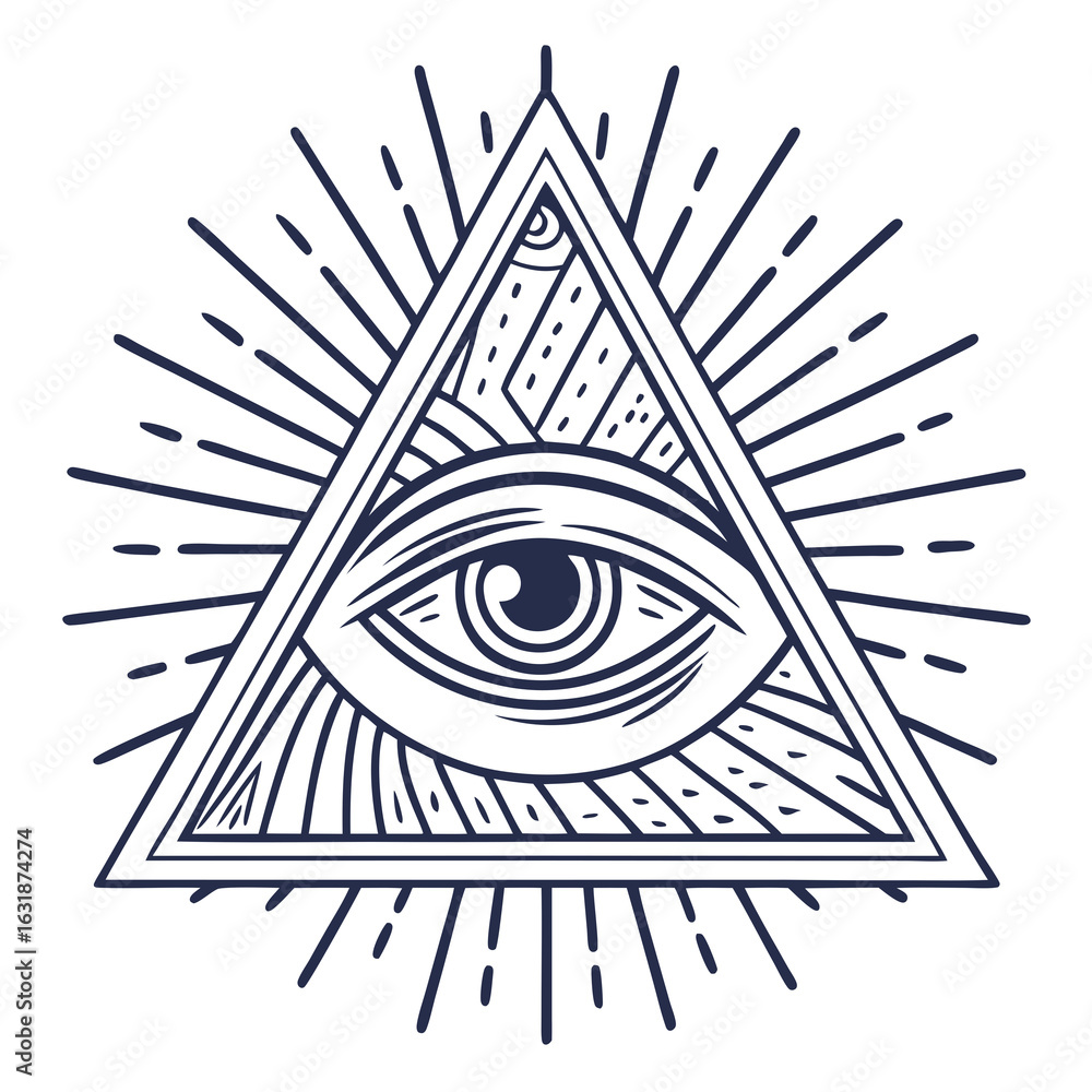 Poster vector mysterious triangle design featuring third eye symbol with intricate details and rays emanati