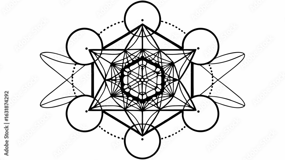 Poster vector metatron cube design with intricate geometric patterns and circular elements evokes sense