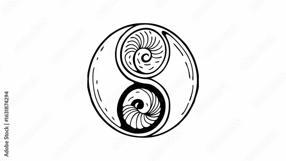 Poster vector yin yang pattern morphing into spiral shells creates harmonious design