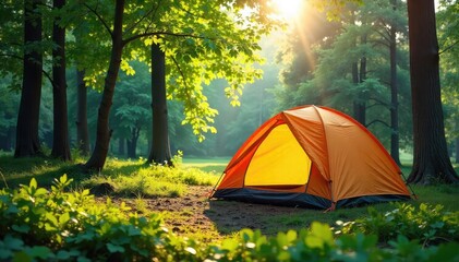 A spacious family-sized camping tent pitched in a lush green forest clearing, sunlight dappling through the trees Ready for a relaxing outdoor adventure , nature, leaves
